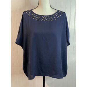 Lilly Pulitzer Navy Embellished Neckline Blouse S 100% Polyester